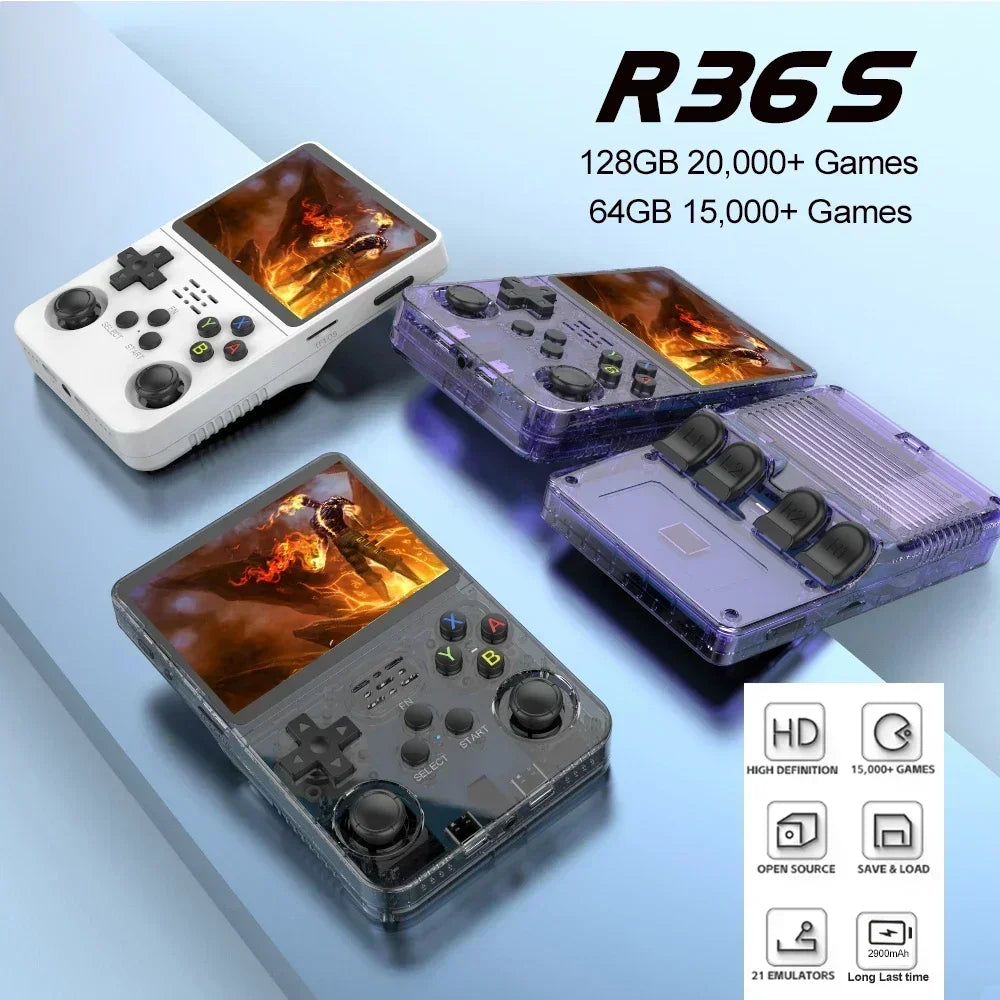 R36S Portable Video Game Console 128GB Orange IPS Screen Linux System 64GB with 15000 Retro Games Pocket Handheld Player